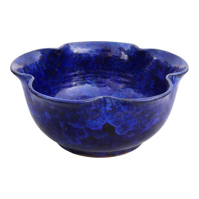 Signed Koski Studio Pottery Bowl, 2003 – Cobalt Crystalline Glaze – Sculptural Decorative Centerpiece For Sale