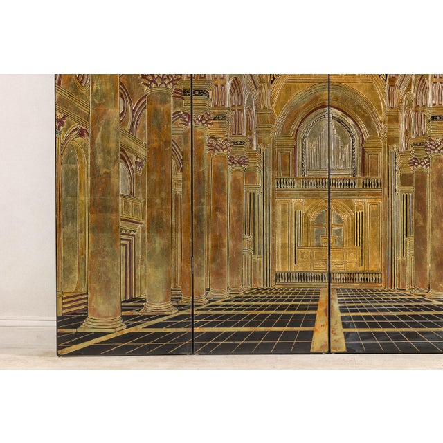 Renaissance-Inspired 4-Panel Gilded Screen with Raised Architectural Design For Sale - Image 9 of 12