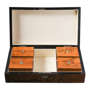 Antique Burlwood Poker Set With Bone Chips in Fitted Gaming Box, 1920s