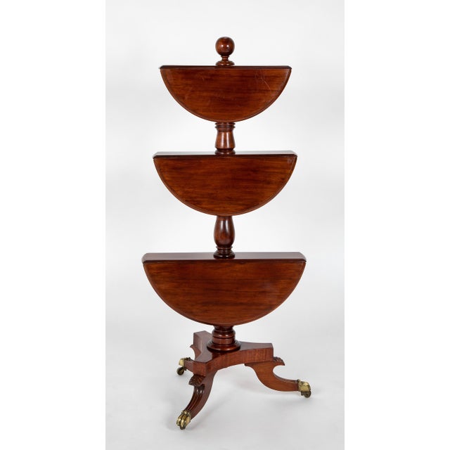 Regency Mahogany Circular Three Tier Folding Dumbwaiter Etagere Brass Castors For Sale - Image 11 of 12