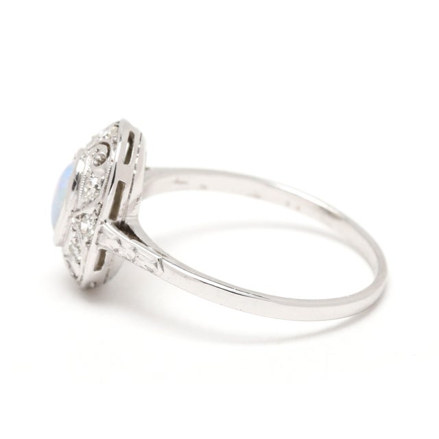 1960s Opal and Diamond Cocktail Ring, 14k White Gold, Ring Size 5.5 For Sale - Image 4 of 5