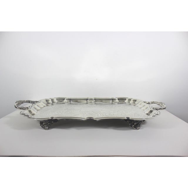 Silver Extra Large Butler’s Tray Silver Plated Rectangular Platter Vintage Plate Ornate Floral Handles Embossed Acanthus Leaf Serving For Sale - Image 8 of 17