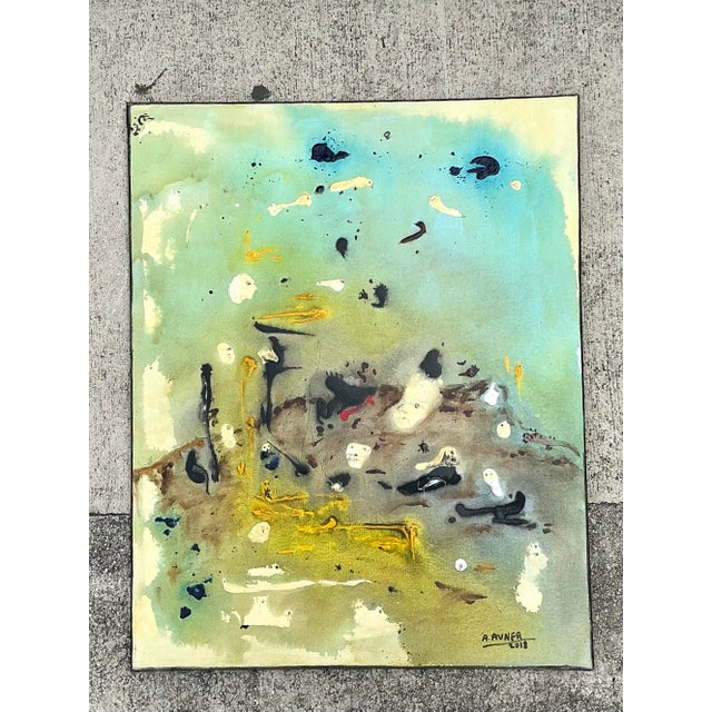 Green Vintage Original Abstract Oil on Canvas For Sale - Image 8 of 12