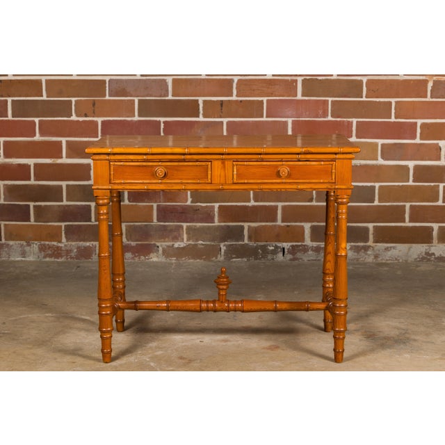 Mid 20th Century Mid 20th Century English Pine Faux Bamboo Desk with Two Drawers and H-Form Cross Stretcher For Sale - Image 5 of 12
