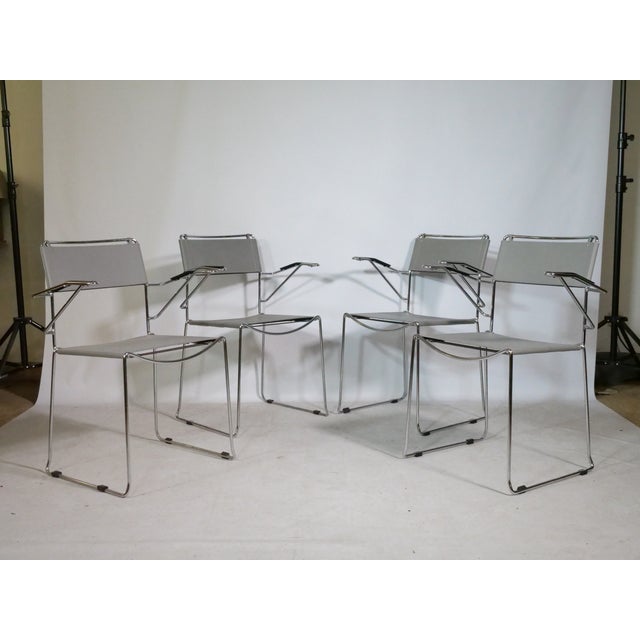 Stylish String chrome leather chairs from Italy, dating from the 1970s and 80s. Stackable frame made of chrome-plated...