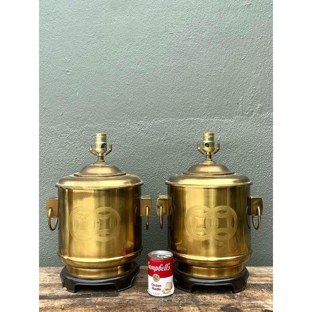 Vintage Brass Medallion Ring Lamps - A Pair For Sale - Image 4 of 12