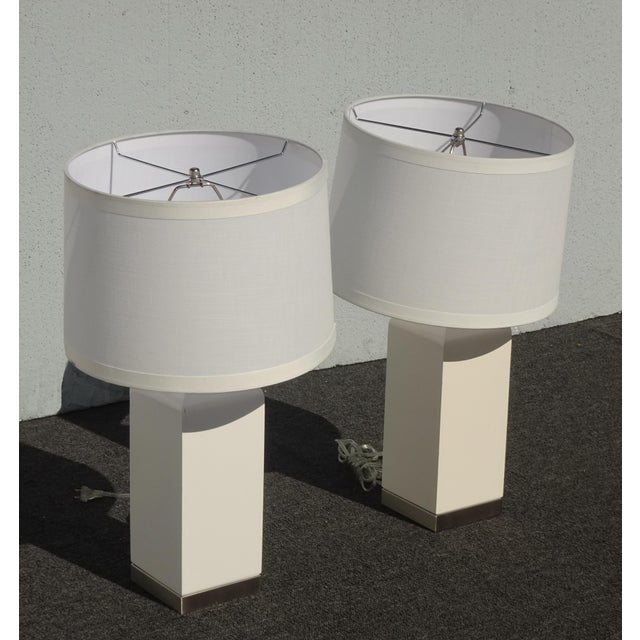 Gorgeous Table Lamps in Fair Vintage Condition. Solid and Firm. One Lamp has a small chip along the upper edge of one lamp...