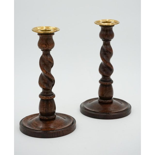Lovely Early Victorian Pair Of English Oak Barley Twist Candle Sticks. Measurements Height - 21.5 cm Diameter - 12 cm \....