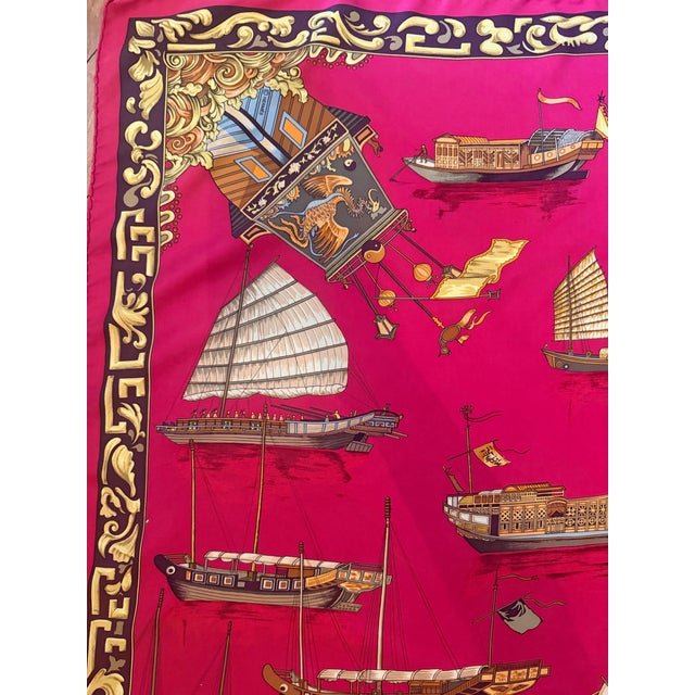 Red Hermès Jonques Et Sampans Silk Scarf 1999 From Françoise De La Perriere For Sale - Image 8 of 12