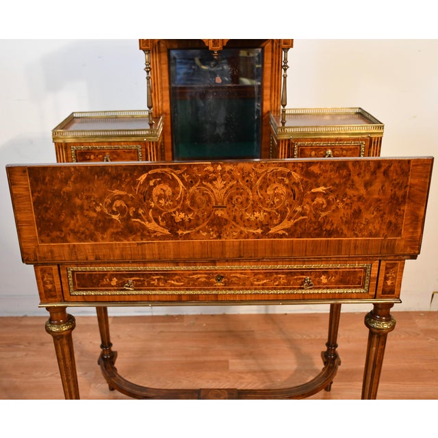 1900s Antique French Louis XVI Burl Walnut Satinwood Inlay Writing Desk For Sale - Image 14 of 18