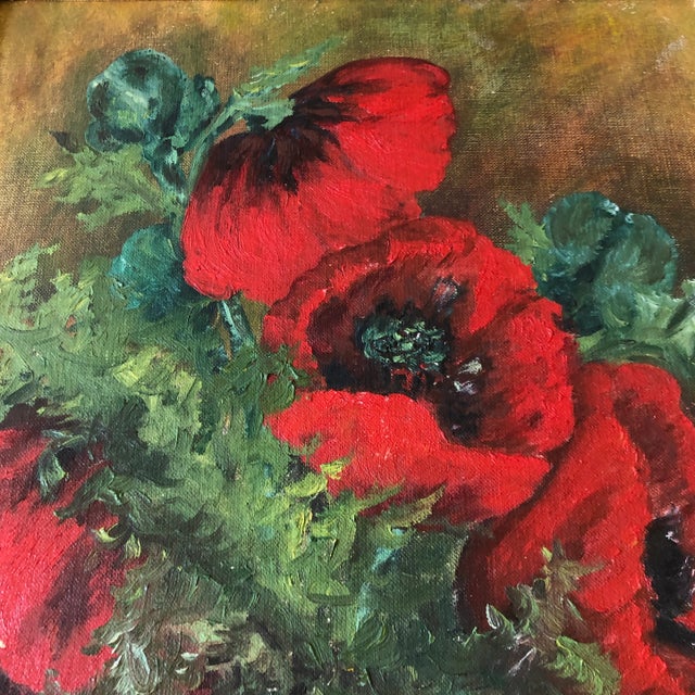 Impressionist Vintage Original Still Life Painting With Poppies Signed 1950’s Vintage Frame For Sale - Image 3 of 7