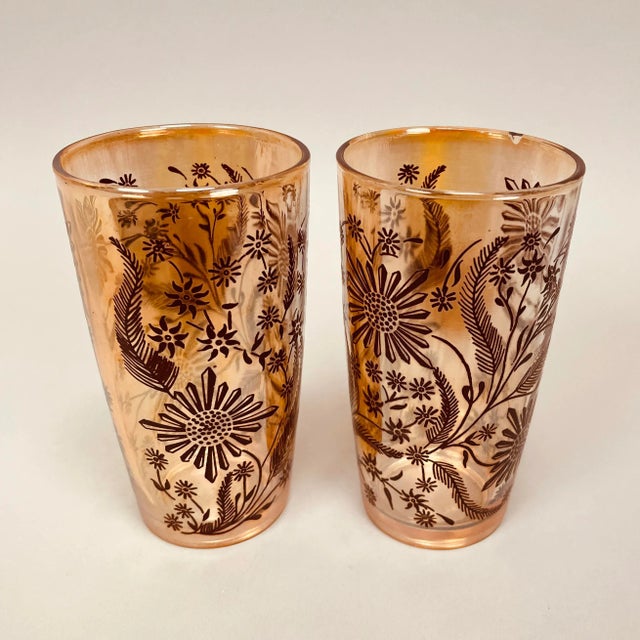 Vintage Jeanette Marigold Carnival Glass Iridescent Cosmos Pitcher Set- 3 Pieces For Sale - Image 9 of 13