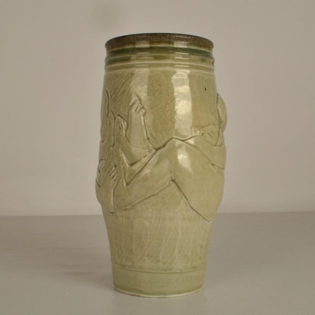 Figurative Ceramic Vase with Bas Relief of Men by Arnaud Lang, 1980s For Sale - Image 11 of 14