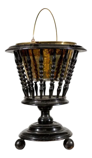 Dutch 1840s Ebonized Wood Jardinière with Brass Liner and Turned Spindles