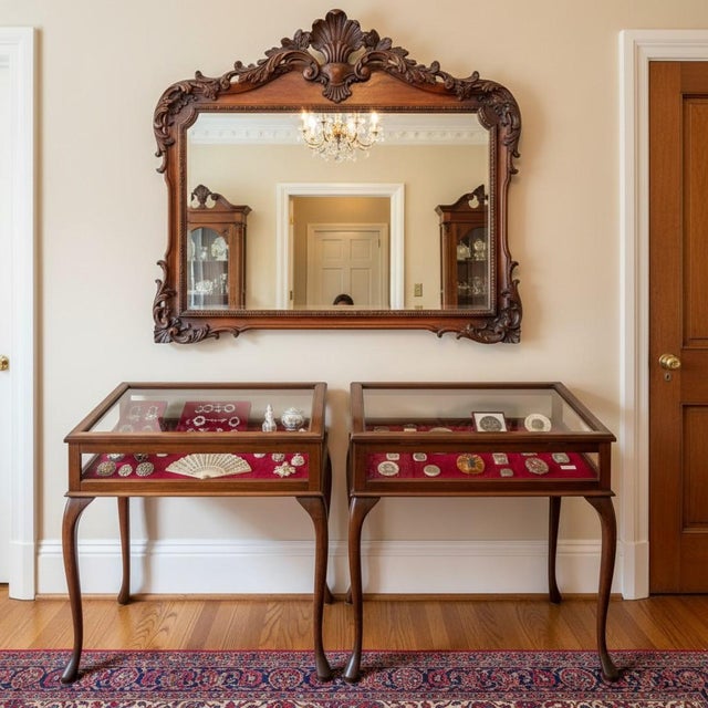 Elegant pair of vintage glass-top display side tables in the Queen Anne style, likely made in the United States circa...
