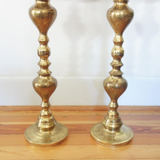1960s Moroccan Brass Altar Candles Holders, Pair Floor Pillar