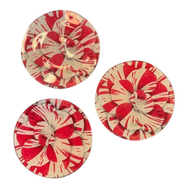 Set of 3 Vintage John Derian Decoupage Red & White Floral Plates For Sale