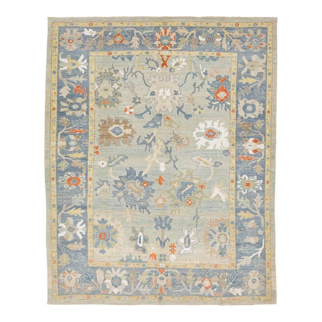 10 X 12 Hand-Knotted Modern Sultanabad – Slate Blue & Sage Wool Area Rug For Sale