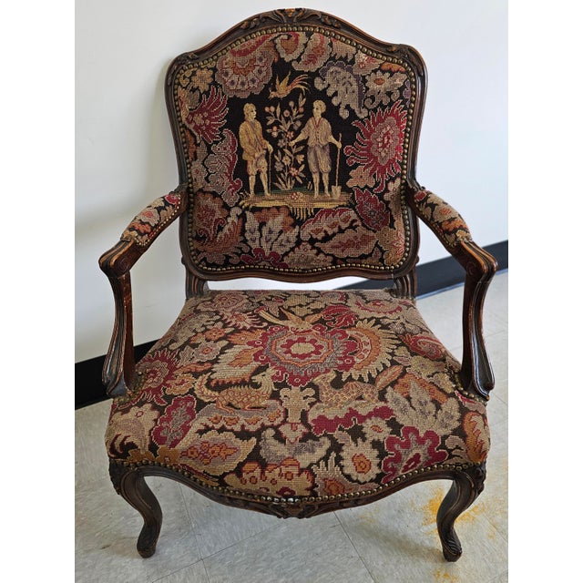 19th Century French Louis XV Style Mahogany and Needlepoint Tapestry Bergeres Fauteuils, Pair For Sale In Washington DC - Image 6 of 11