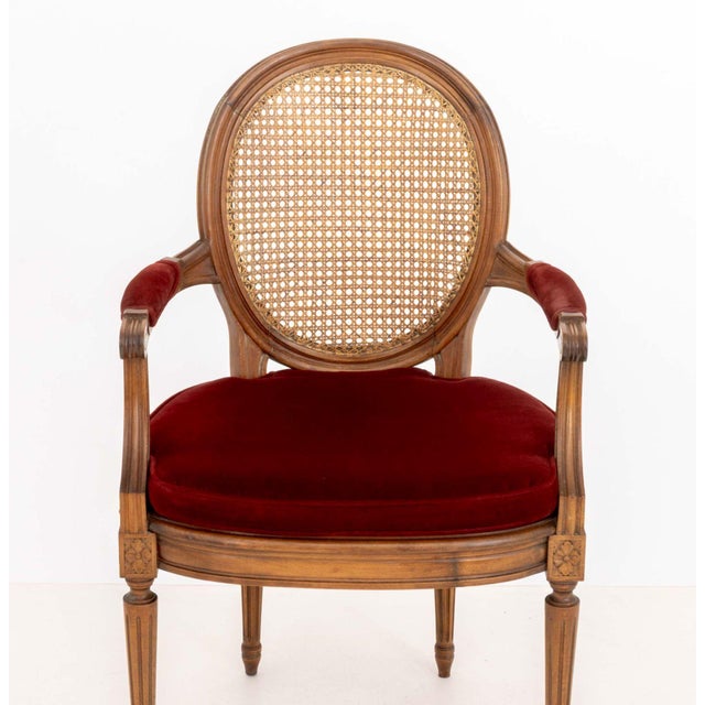 Pair of Louis XVI Style Red Velvet Upholstered Cane Paneled Walnut Fauteuils For Sale - Image 11 of 13