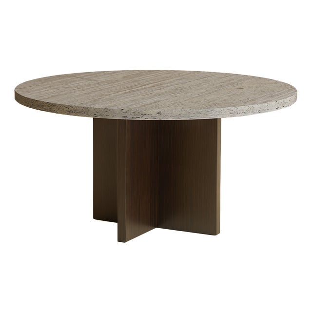 Round Grey Titanium Travertine and Smoked Oak Coffee Table by Lebanto For Sale
