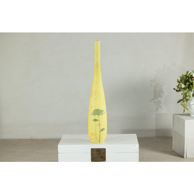 Artisan Tall Yellow Ceramic Vase with Hand-Painted Floral Motif, Sold As Is For Sale - Image 17 of 18
