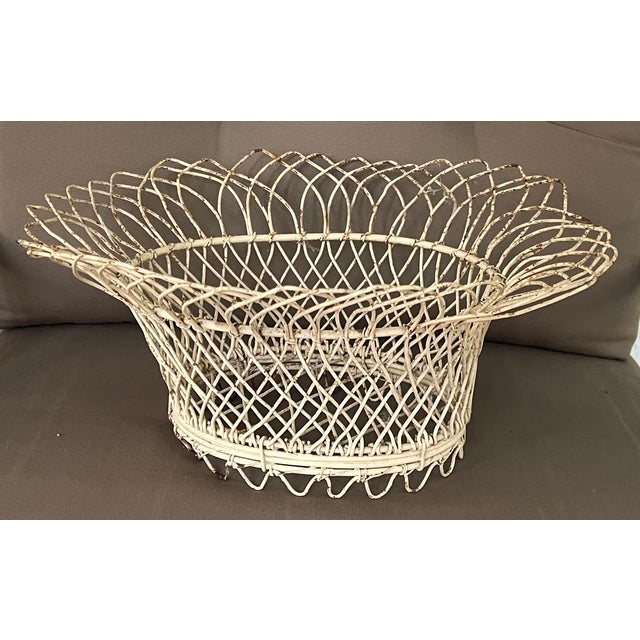 Antique French oval wirework garden basket or jardiniere. Painted white. Measures 15" x 13" x 7" tall. Good condition -...