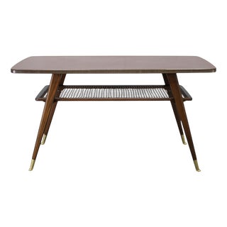 Mid-Century German Coffee Table with Rattan Shelf and Brass Legs, 1960s For Sale