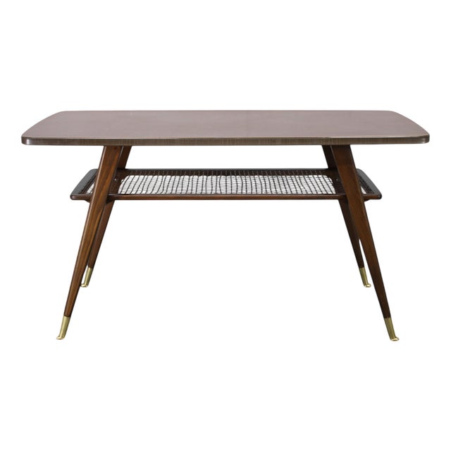 Mid-Century German Coffee Table with Rattan Shelf and Brass Legs, 1960s For Sale