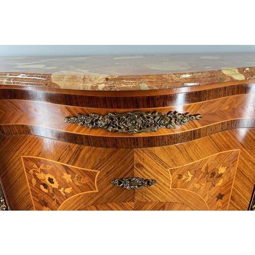 Vintage French Inlaid Cabinet with Brass Ormolu and Marble Top For Sale - Image 11 of 17