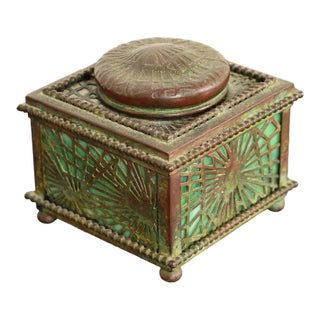 Tiffany Studios New York Pine Needle Bronze and Favrile Slag Glass Inkwell, Circa 1910 For Sale