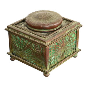 Tiffany Studios New York Pine Needle Bronze and Favrile Slag Glass Inkwell, Circa 1910