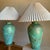 1970s 1970s Post Modern Art Deco Memphis Style Jade Green and Gold Ceramic Sculpture Table Console Lamps With Original Pleated Shades-a Pair For Sale - Image 5 of 10