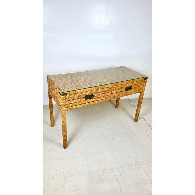 Brown Vintage Woven Caning Wrapped Rattan Campaign Console Table Desk For Sale - Image 8 of 12
