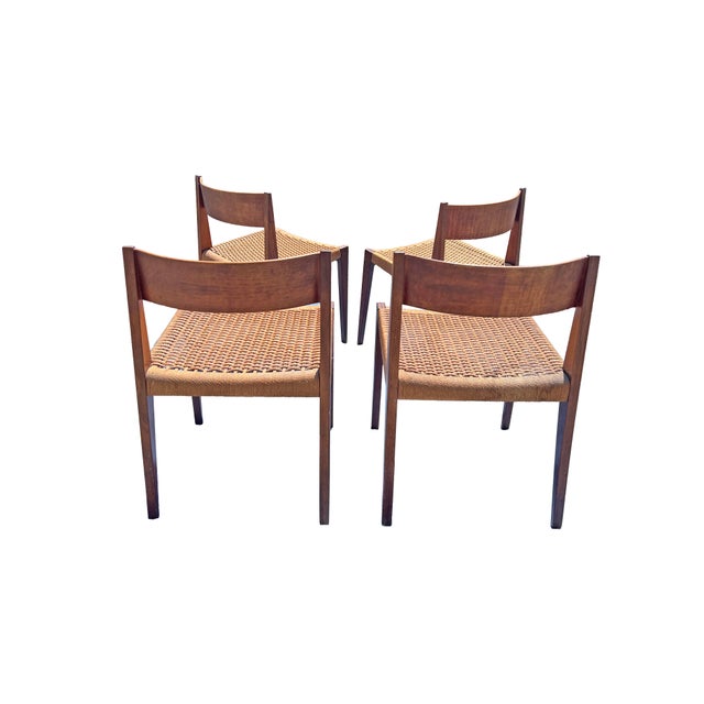 Vintage Mid Century Modern Teak Danish Dinging Chairs With Rattan Paper Cord Rope Seating Set of 4 For Sale In New York - Image 6 of 9