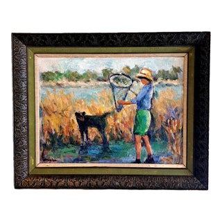Original Oil Painting Coastal Marsh Boy With Net For Sale