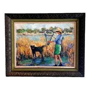 Original Oil Painting Coastal Marsh Boy With Net