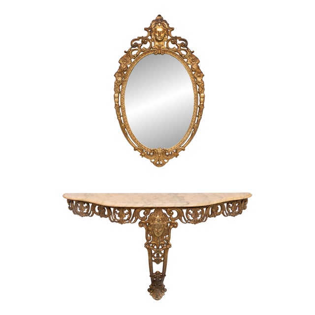 Gilded Brass Console with Oval Mirror, 1950s, Set of 2 For Sale