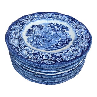 Set of 8 Vintage Staffordshire Blue and White Liberty Blue Bread Plates For Sale