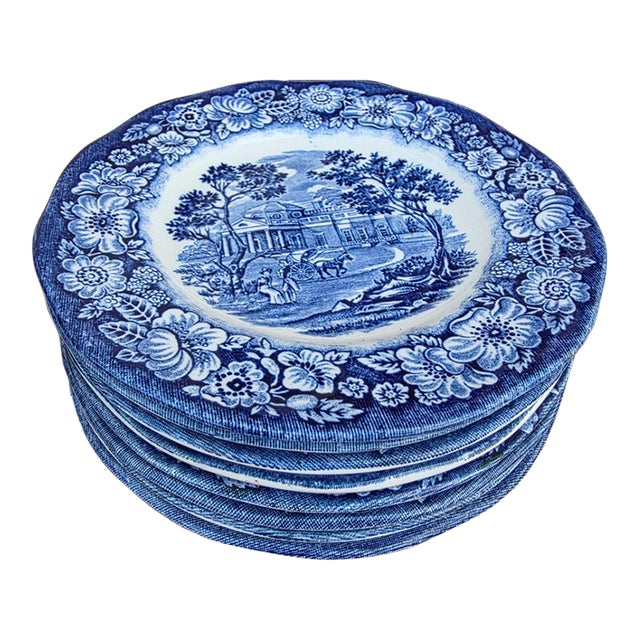 Vintage Staffordshire Blue and White Liberty Blue Bread Plates - Set of 8 For Sale