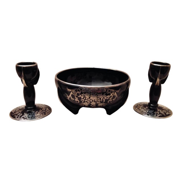 1930s Duncan Miller Rocket Console Set in Lotus Glass Sterling Silver Overlay - 3 Pieces For Sale