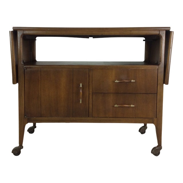 Mid Century Modern Drop Leaf Expanding Bar Cart With Cabinet and Two Drawers For Sale