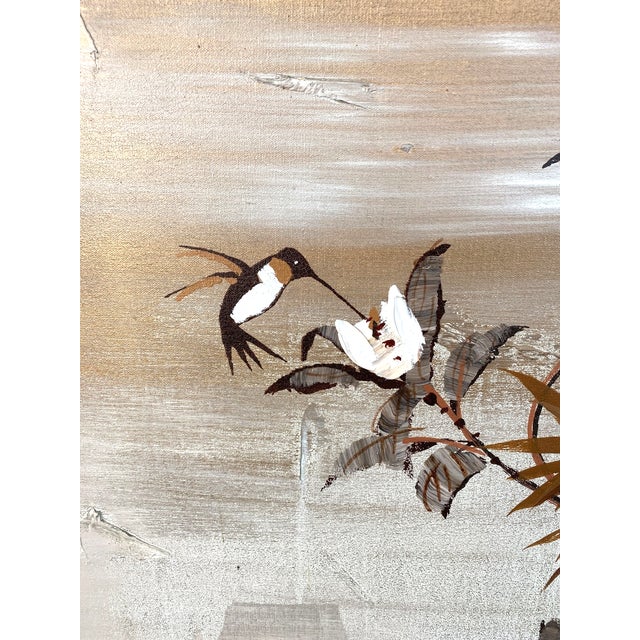 Mid-century modern Lee Reynolds Burr floral painting featuring white camellia-like blossoms, Asian-inspired foliage, and a...