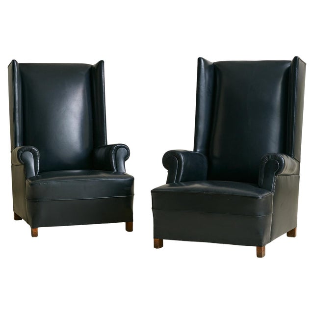 Vintage French Black Leather High-Back Club Chair with Wooden Legs - 2 Available For Sale - Image 10 of 18