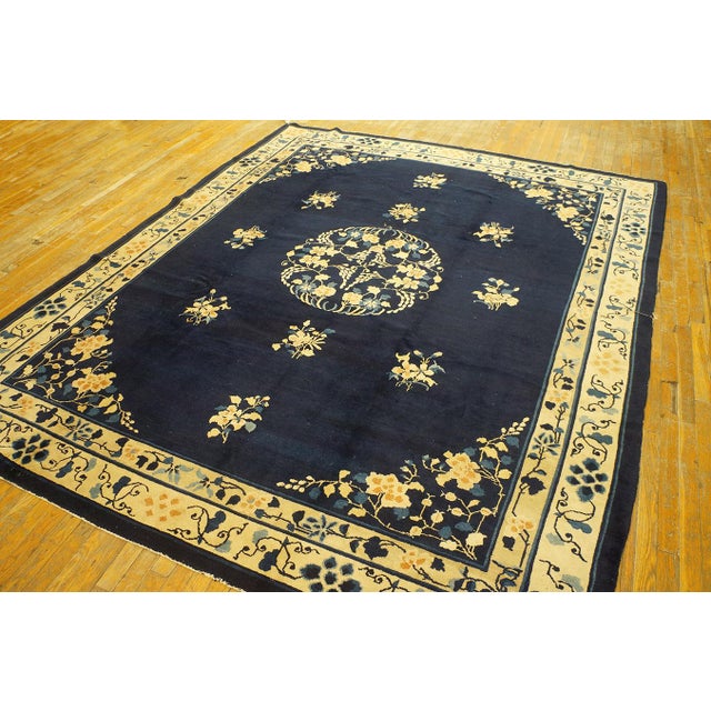 Chinese 1920s Classic Floral Medallion Navy Blue Background Antique Chinese Peking Rug For Sale - Image 3 of 10