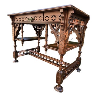 Antique Victorian Mahogany Writing Table With Intricate Carvings and Pierced Fretwork, Late 19th Century For Sale