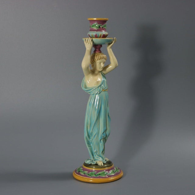 Aqua George Jones Majolica Egyptian Figural Candlestick For Sale - Image 8 of 12