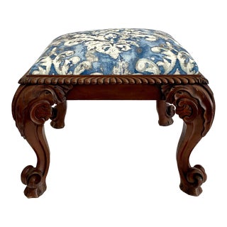 Carved Walnut and Linen Ottoman For Sale