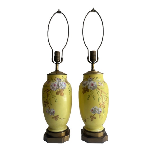 Mid 20th Century Baccarat Style Yellow Opaline Glass Japonisme Lamps, Signed Baccarat - a Pair For Sale