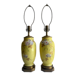 Mid 20th Century Baccarat Style Yellow Opaline Glass Japonisme Lamps, Signed Baccarat - a Pair